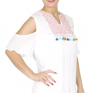 India Boutique Cold shoulder embroidery Patchwork Beach Tassel Dress Preowned